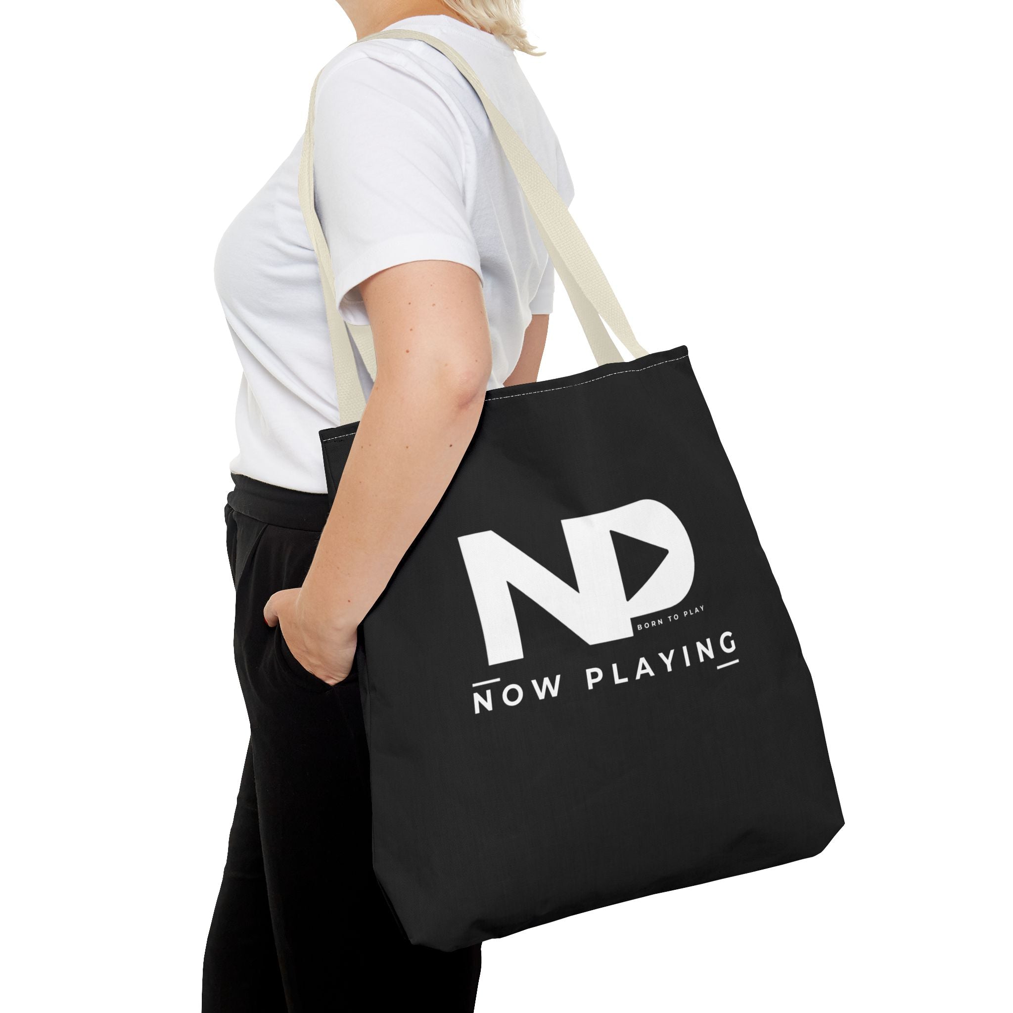 Now Playing Logo Tote Bag — Black Graphic Music AOP Tote