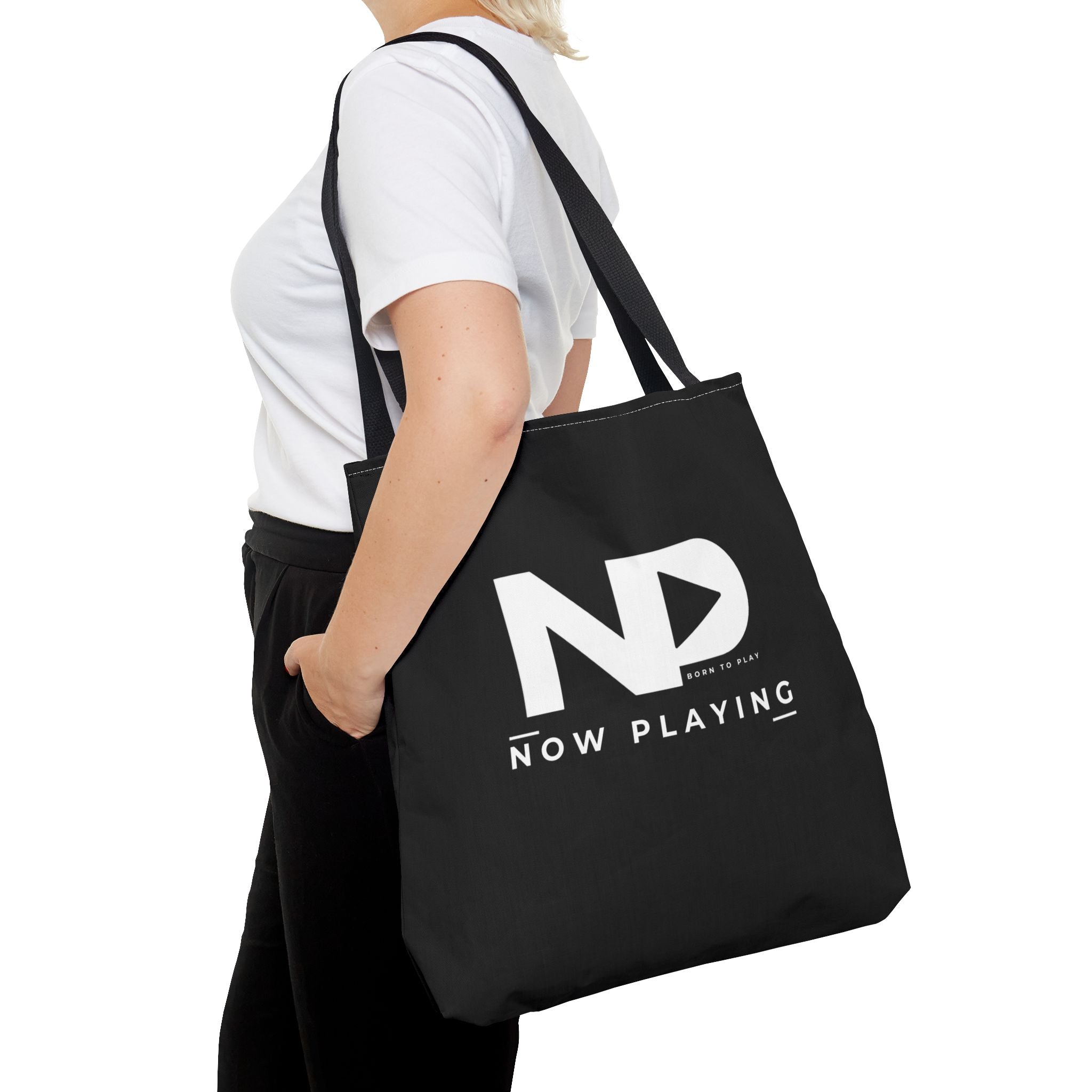 Now Playing Logo Tote Bag — Black Graphic Music AOP Tote